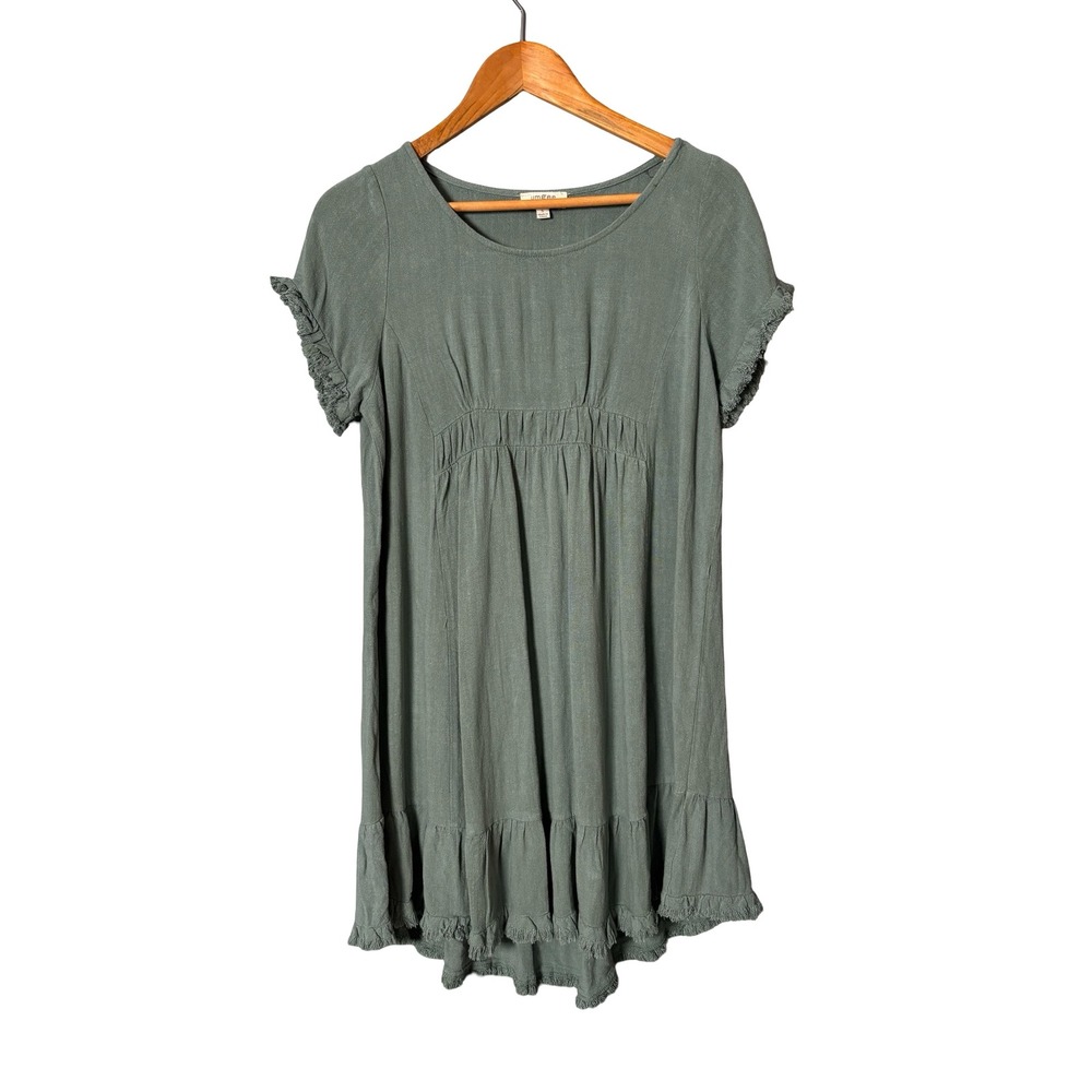 Umgee Sage Green Linen Cotton Ruffle Hem Tunic Dress Size S